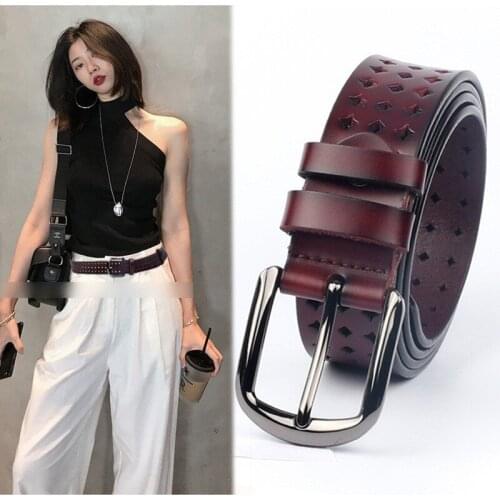 2021 new ladies all-match new fashion casual alloy buckle free punch pin buckle all-match hollow leather ladies belt