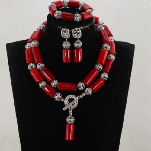 Charming Column Red Coral Necklace Set African Beads Coral Jewelry Set Silver Alloy Party Jewelry Beads Free Shipping CNR042