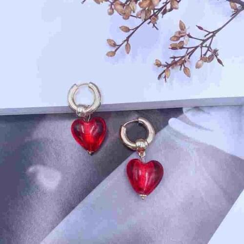 Origin Summer Glass Love Heart Metallic Hook Earrings for Women Grey Color Hanging Hollow Dangle Earrings Minimalist Jewellery