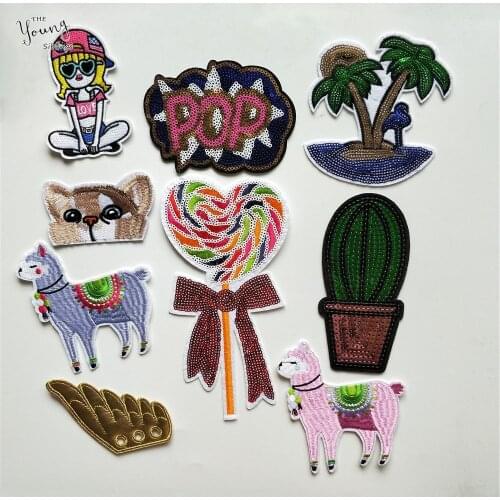 Sequins Patches Hot melt adhesive Sheep Cat Cactus Iron Patches for Clothes Embroidered Applique Clothing Fabric DIY Stickers