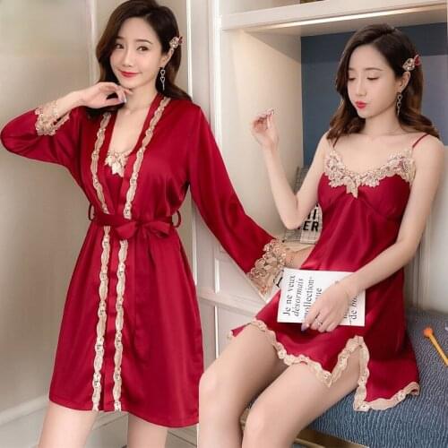 Sleepwear Female Pajamas Set Satin Pyjamamas Sexy Lace Patchwork Bridal Wedding Nightwear Rayon Home Wear Nighty&Robe Suit D6