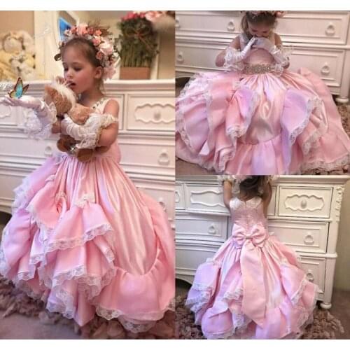 Pink Satin Flower Girl Dress Beaded Belt Zipper Back Ankle Length Jewel Neck New Coming Kids Prom Dresses Party Gown