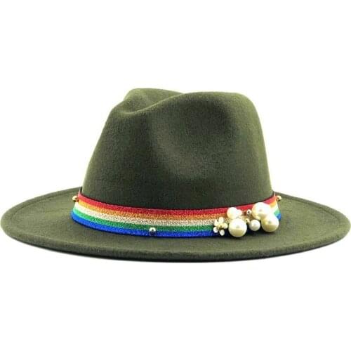 New Women Men Wool Fedora Hat With Pearl Ribbon Gentleman Elegant Lady Winter Autumn Wide Brim Church Panama Sombrero Jazz Cap