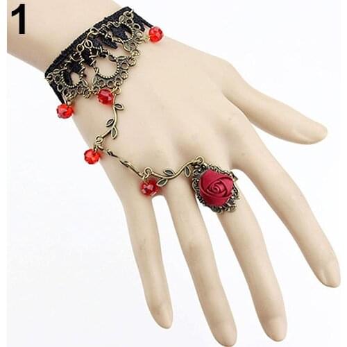 Retro Gothic Women Lace Flower Hand Slave Harness Bracelet Chain Ring Jewelry Rose Flower Lolita Jewelry Lace Bracelet