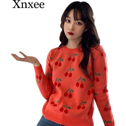 Women Spring Autumn Winter Clothes Female Cartoon Cherry Print Slim Long Sleeved Tops Round Collar Slim Bottom Knit Sweater Hot
