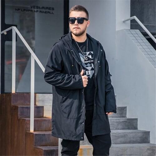 Mens Windbreaker 2019 Autumn and Winter Long Mens Windbreaker Large size drawstring Black Hooded trench coat More size XL-6XL