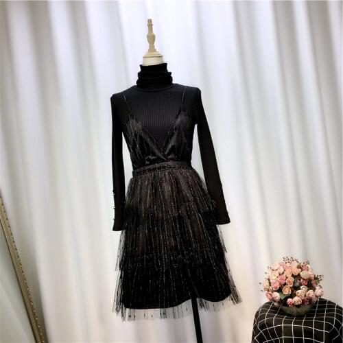 Vintage 2 Pieces Women Dresses Sets Black Knitted Turtleneck Sweater Pullovers And Slim Mesh Dresses Top Quality
