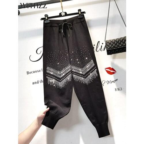 WITHZZ Women Spring Autumn High Waist Hotfix Rhinestone Trousers Loose Female Sports Casual Knitted Harem Pants