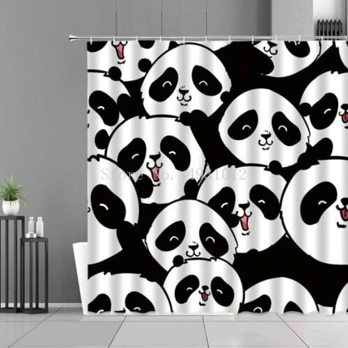 Cartoon Panda Shower Curtain Cute Animals Pandas Green Bamboo Plants Print Bath Curtains Children Room Bathroom Decor Waterproof