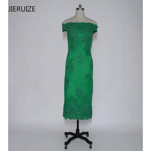 JIERUIZE Green Lace Appliques Tea Length Evening Dresses Off The Shoulder Evening Gowns Formal Dresses Mother of the Bride Dress