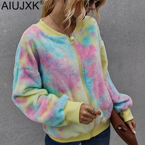 AIUJXK Women Tie Dye Slim Fuzzy Jacket Autumn Winter 2020 Fashion Coat Woman Casual Soft Warm Coats And Jackets Top Clothes