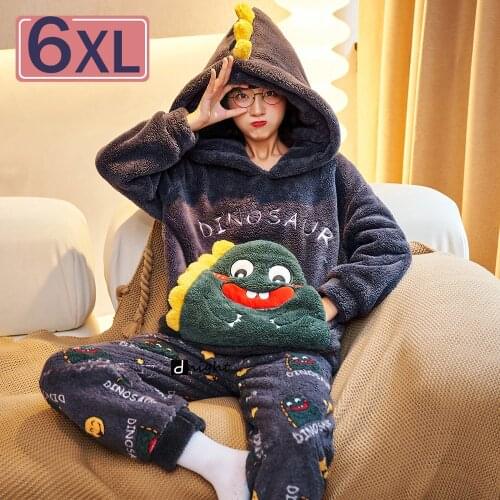 Oversize 6XL Womens Thick Warm Flannel Pajama Set Kigurumi with Hood Cartoon Shaggy Terry Womens Cute Night Suits Outer Wear