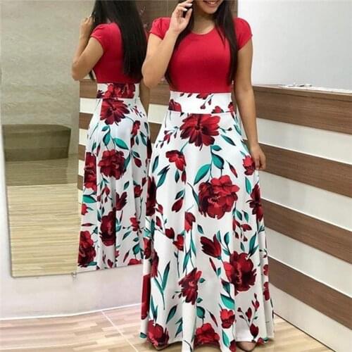 Womens Long Dresses Oversize Autumn Fashion Party Patchwork Dress Vestidos Casual Printed Flowers Short Sleeve O-neck Dresses