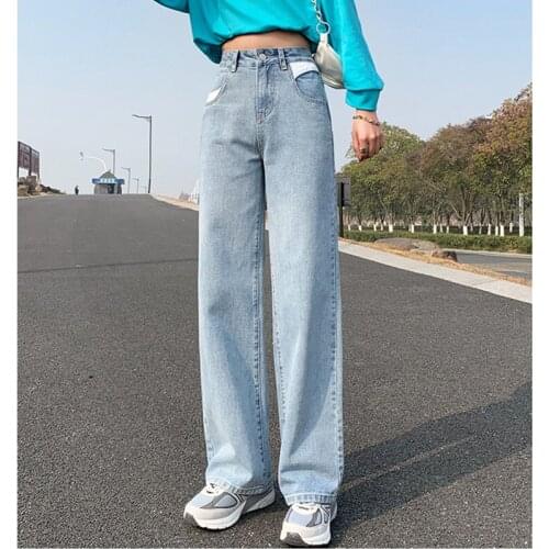 Womens Autumn Winter High-rise Loose-fitting Casual Wide-leg Jeans 2021 Classic Design Personalized Pocket Two-color Trousers