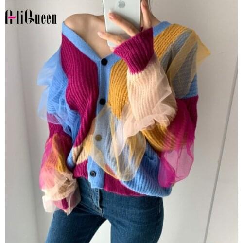 Autumn Winter Women Sexy V Neck Loose Single Breasted Sweater Coat Top Long Sleeve Panelled Patchwork Knitted Cardigans Sweaters
