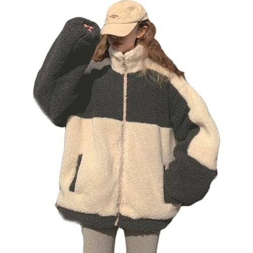 Zuolunouba Winter 2020 New Lambswool Splicing Zipper Women Coat Thick Casual Stand Loose Pocket Wool Liner Female Sweatshirt