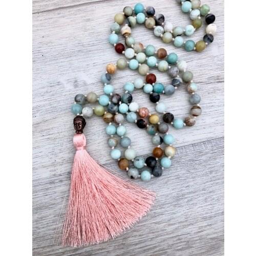 108 Mala Bead Necklace Amazonite Buddha Necklace Hand Knotted Prayer Yoga Jewelry Tassel Necklaces Meditation Mala Necklaces
