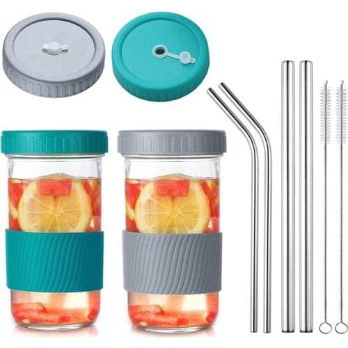 2 Pack 22 Oz Reusable Smoothie Cups Boba Tea Cups, Wide Mouth Mason Jar Lids With Straw Hole, Including Straws & Brushes