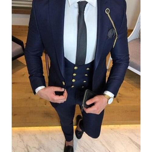 2021 Fashion Luxury High Quality One Button Dark Blue Men Suits Slim Fit Groom Tuxedo For Wedding Party 3Prc (Jacket+Pants+Vest)