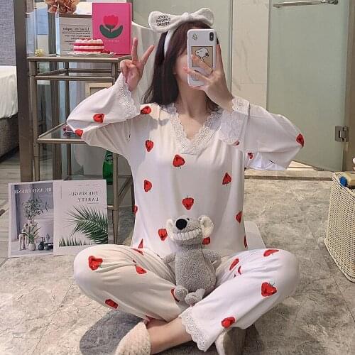 2021 Spring Long Sleeve Print Pajama Sets Women Korean Cute Lace V-neck Sleepwear Suit Pyjama Homewear Pijama Mujer Home Clothes