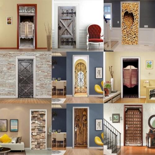3D Retro Wooden Door Stickers PVC Waterproof Wallpaper For Doors Living Room Bedroom Home Decor Mural DIY Renovation Decal