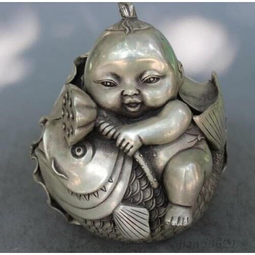 6" China Exquisitely carved Silver Children Boy Ride Fish Lotus Leaf Statue