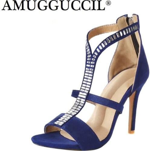 Plus Big Size 32-46 Black Red Blue Zip Crystal Fashion Sexy High Heel Summer Female Ladies Women Sandals L947