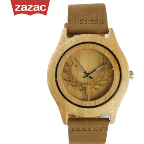 2017 Sale Top Fashion Deer Head Design Bamboo Wooden Watches Luxury Quartz With Brown Leather Strap Unisex Reloj Hombre Clock