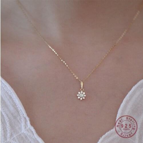 HI MAN 925 Sterling Silver Plating 14K Gold Korean Crystal Flower Pendant Necklace Women Temperament All-Match Jewelry