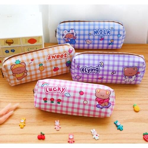 Kawaii Pencil Case Grid Pencil Bags Korean Stationery For Girls PU Leather Trousse Scolaire Bear School Supplies Pencil Cases