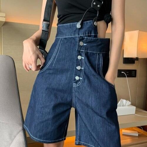 Casual Shorts Chic Fashion One Shoulder Denim Overalls Knee-length Loose Jumpsuit Short Pants Streetwear Summer Womens Clothes