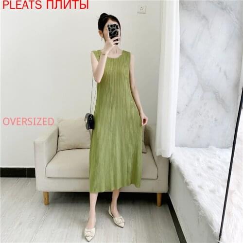 Summer New Miyake Pleated Dress Sleeveless Round Neck Show Thin Pleated Dresses PLEATS Shein Vestido De Mujer Robes Femme