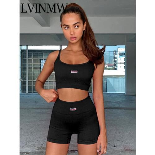 LVINMW Labeling Letters Ribbing Casual Stretchy Women Two Piece Set Square Collar Backless Camis And High Waist Patchwork Shorts