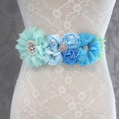 Fashion Blue flower Belt Wedding Sashes belt with flower headband Girl Woman sash belt