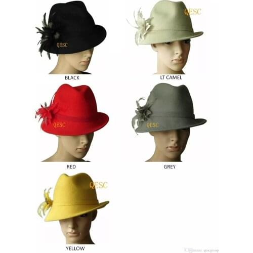 NEW Dress wedding bridal church wool felt Hats womens hat with feather for Kentucky Derby.wedding races,red,grey,wine,yellow