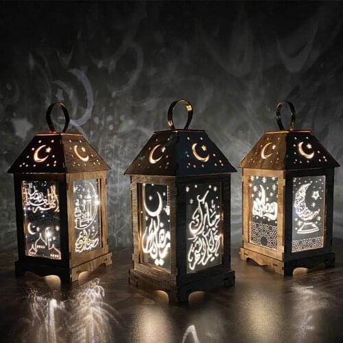 New Ramadan Eid Mubarak Lantern Wooden Islamic Festival Eid Mubarak Ramadan Lantern LED Holiday Light Decoration