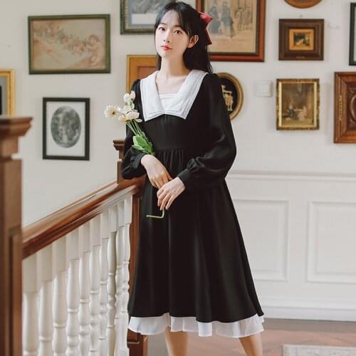 Autumn Sweet Women Dress Vintage High waist Loose Black Chiffon dress Long sleeve patchwork female dresses 2020 HOT