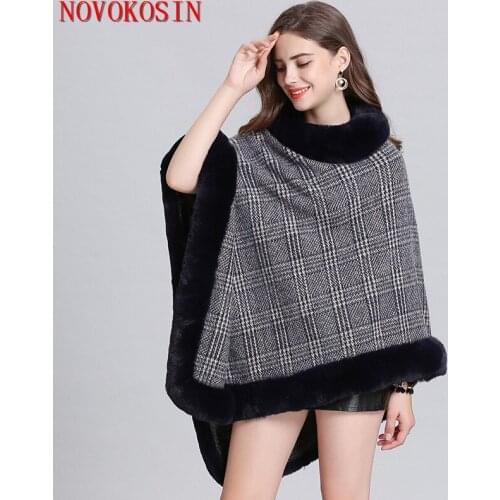 SC350 2019 Fashion Faux Fox Fur Cloak Striped Plaid Pashmina Women Warm Winter Coat l Fur Collar Cape Wraps Warm Loose Poncho