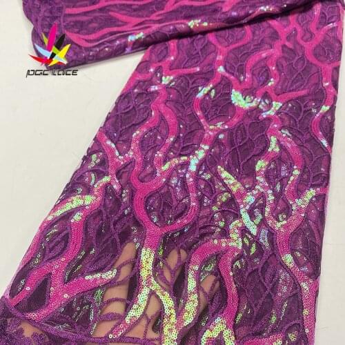 Cheap Magenta sequence Nigerian sequins net lace 2020 high quality African tulle mesh Aso Ebi lace fabric for dress 5yards/lot