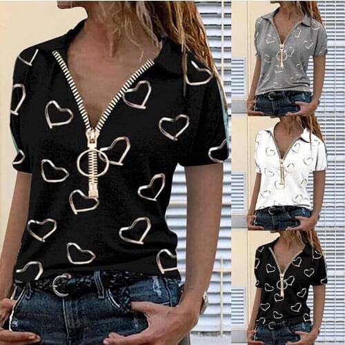 Womens Summer New Zipper T Shirt V Neck Casual Loose Short Sleeve Top Plus Size Ladies Clothing