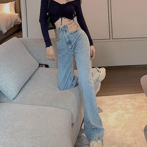Y2K Women Chic Chain Hollow Out Wide-leg Jeans High Waist Loose Straight Denim Long Pants Streetwear for Shopping Dating