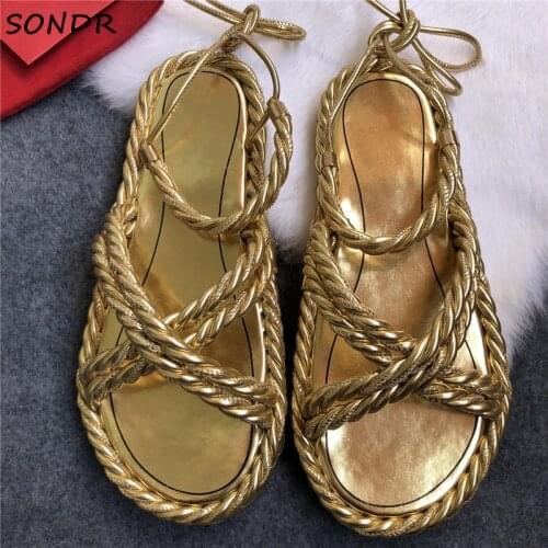Fashion Golden Rope Strappy Flat Sandals Designer Lace Up Beach Casual Shoes Platform Summer Ladies Gladiator Sandals Women 2021
