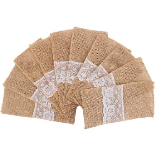 10Pcs/Lot Burlap Cutlery Holder Lace Tableware Pouch Pocket Christmas Silverware Holder Pockets Wedding Table Decoration