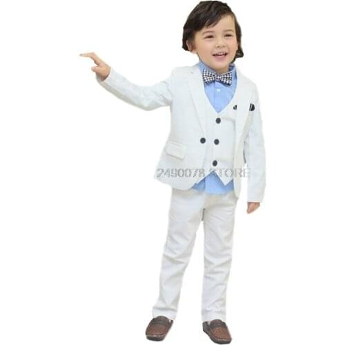 Flower Boys White Baptism Suit School Kids Formal Wedding Tuxedo Jacket Vest pants 3Pcs Children Performance Party Dress Costume