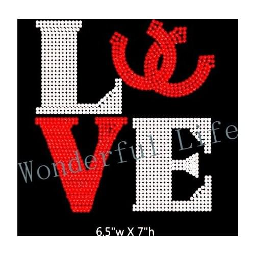 Free shipping love horsing sign red with white hot fix motif iron on crystal transfers design rhinestones transfer