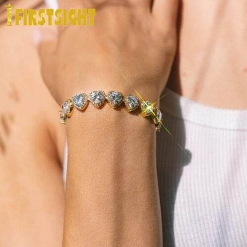 Iced Out Bling AAA Zircon Heart Bracelet Hip Hop Fashio Women Men Jewelry 10mm Gold Silver Color Heart Tennis Chain CZ Bangle