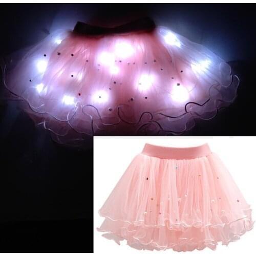 Tutu Skirt 2020 new childrens light mesh skirt girl luminous novelty led fluffy skirt with interlining skirt Show dress pink
