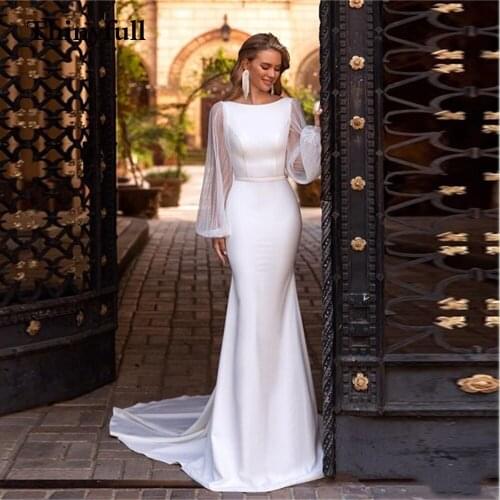 Elegant Long Mermaid Long Puff Sleeves Princess Wedding Dresses Backless O Neck Bridal Gowns Marriage Bride Gown Dress