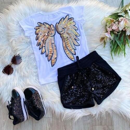 FOCUSNORM 1-6Y Fashion Kids Girls Clothes Sets 2pcs Short Sleeve Back Sequined Wings T Shirts Shorts