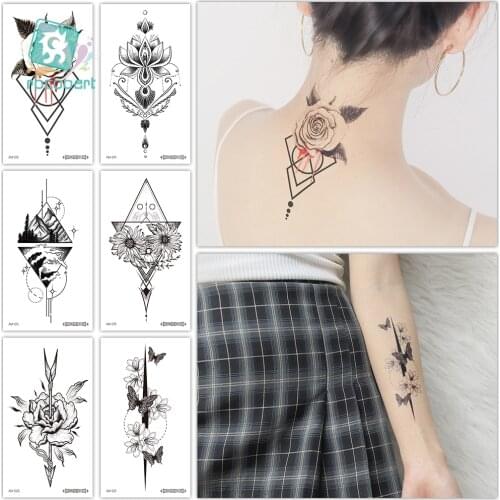 Henna Lotus Temporary Tattoo For Women Fake Jewelry Chains Black Flower Body Art Abstract Tatoo Sticker Transfer Girl Tattoo